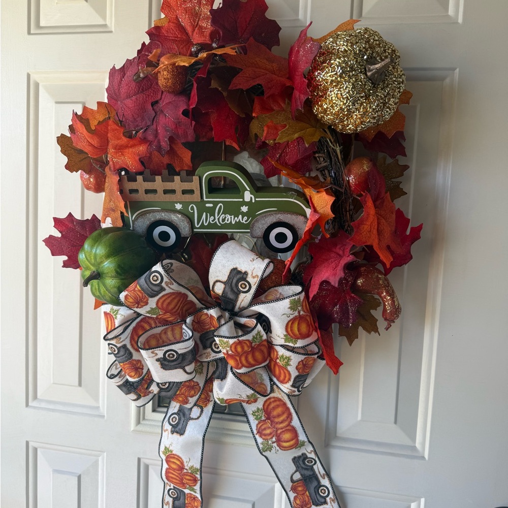Autumn Welcome Wreath with Green Truck and Bow
